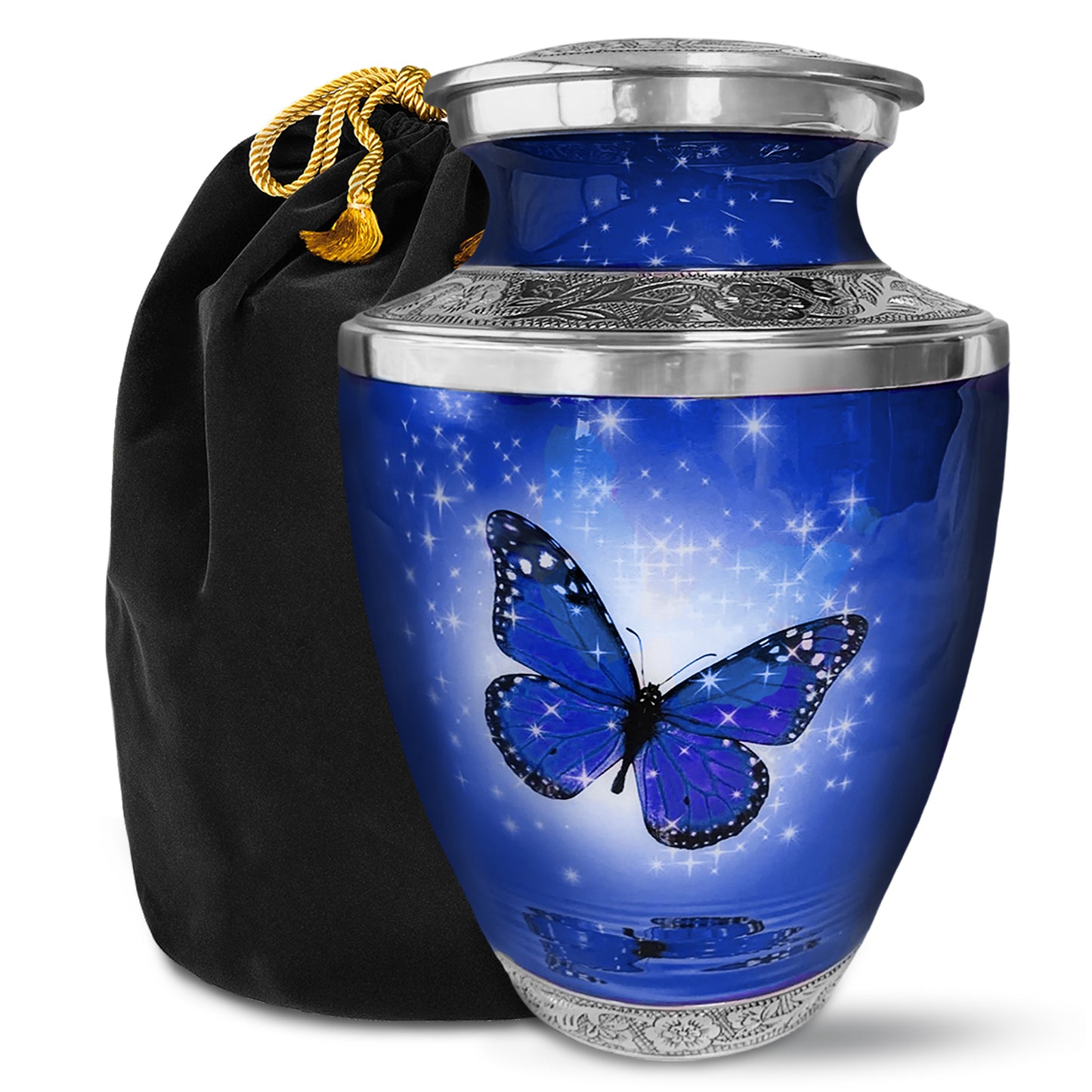 Dark Blue Butterfly Cremation Urn for Ashes, with Velvet Bag