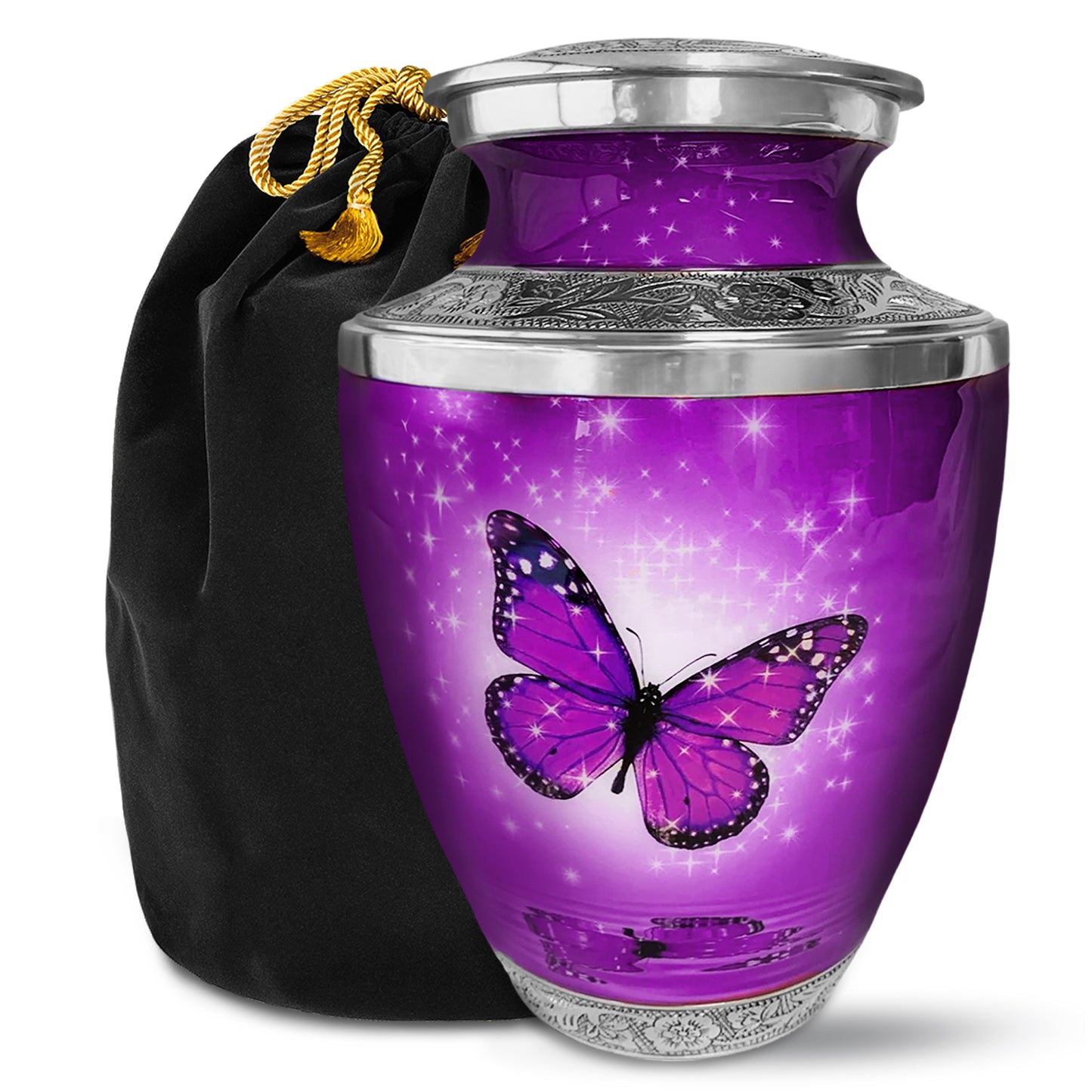 Purple Butterfly Cremation Urn for Human Ashes, Large with Velvet Bag