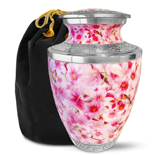 Cherry Blossoms Adult Cremation Urn for Human Ashes, Large with Velvet Bag