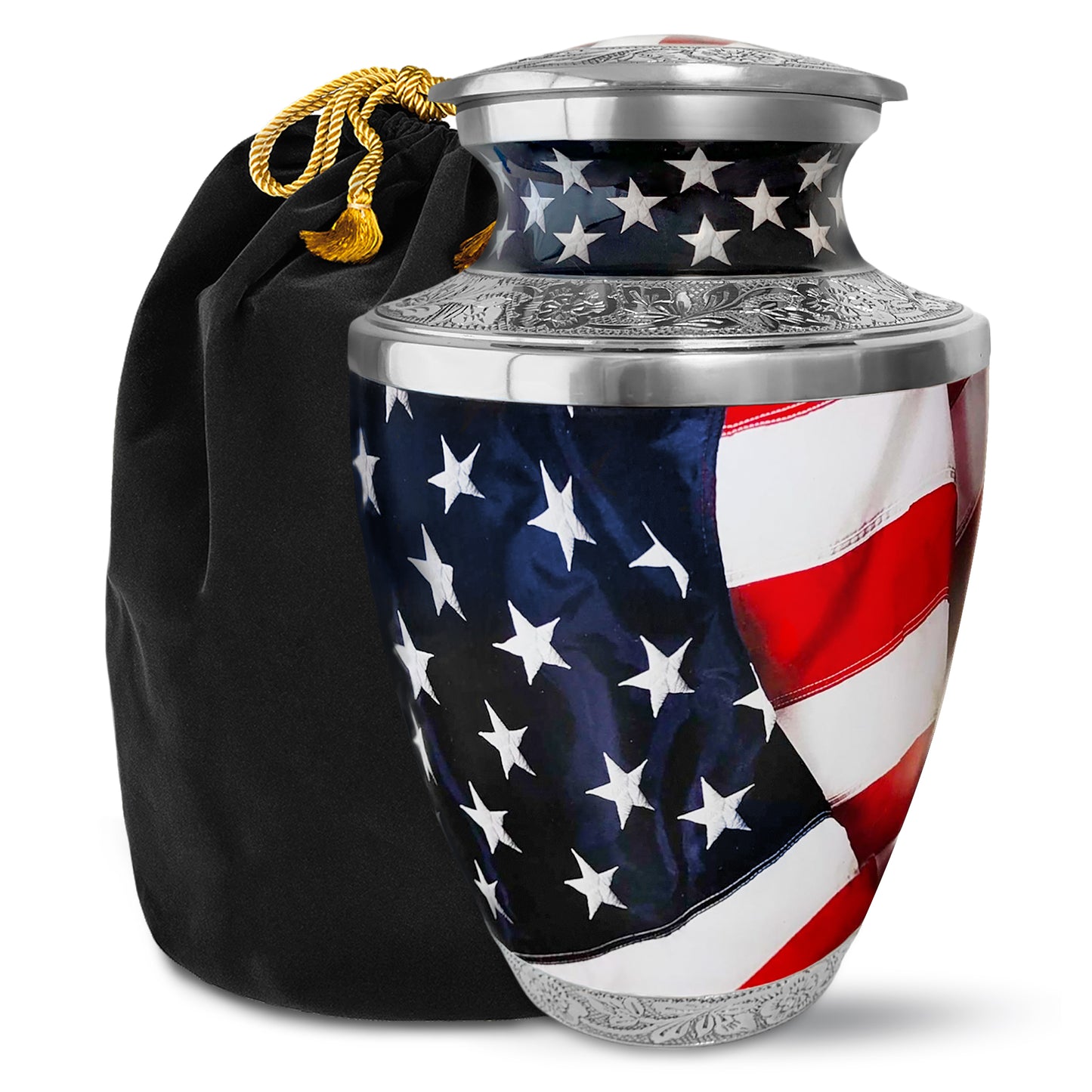 American Flag Adult Cremation Urn for Human Ashes, Large with Velvet Bag