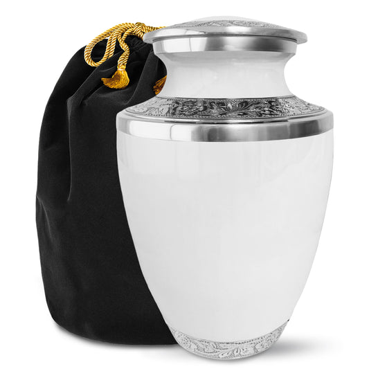 Grecian Classic White Adult Cremation Urn for Human Ashes, Large with Velvet Bag